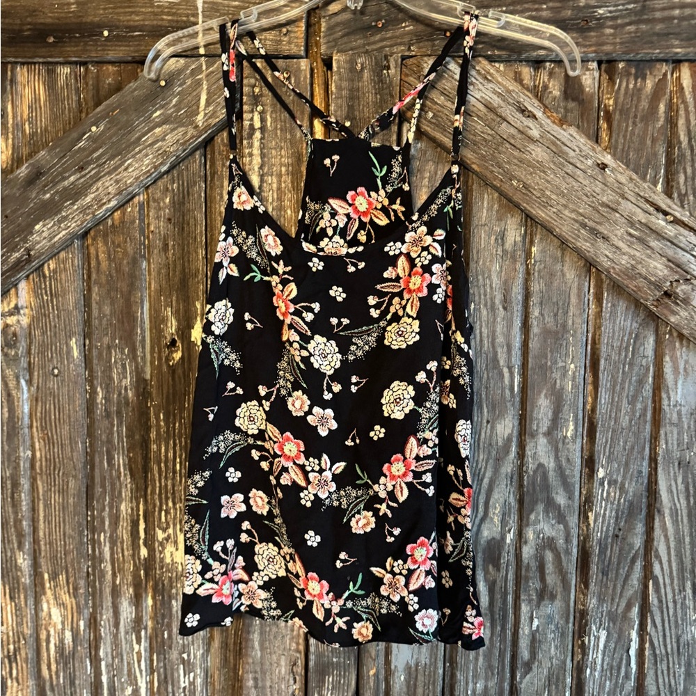 Floral Black Strappy Cami Top - Women's